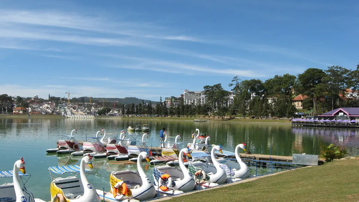 Swan Boats on Xuan Huong Lake, Dalat Pedal boats at the boat station on Xuan Huong Lake, Dalat